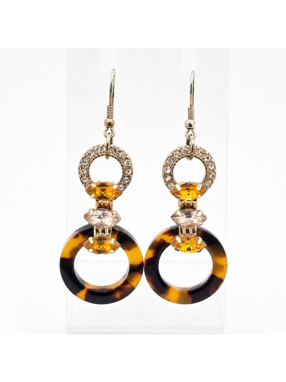 Tortoiseshell Hoop Dangle Earrings Gold Tone Rhinestone Amber Crystal Statement
